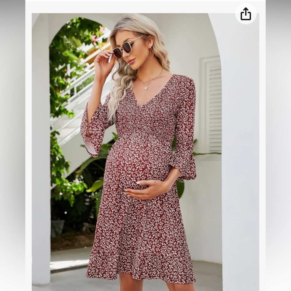 COOLME Maternity 3/4 Sleeve Ruffle V Neck.  Size S.  Burgundy floral.